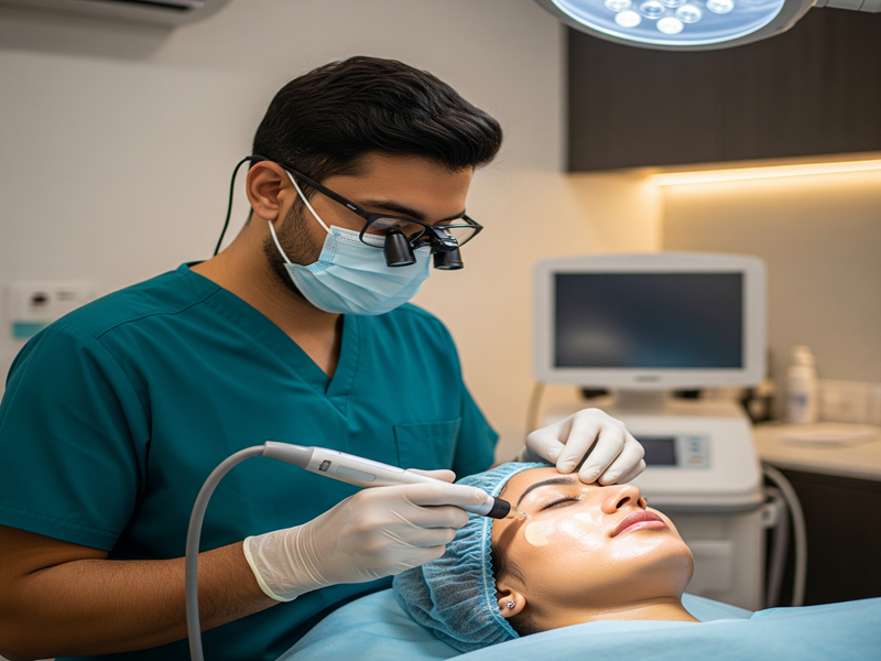 Expert cosmetic surgeon performing advanced minimally invasive skin procedure for natural radiance