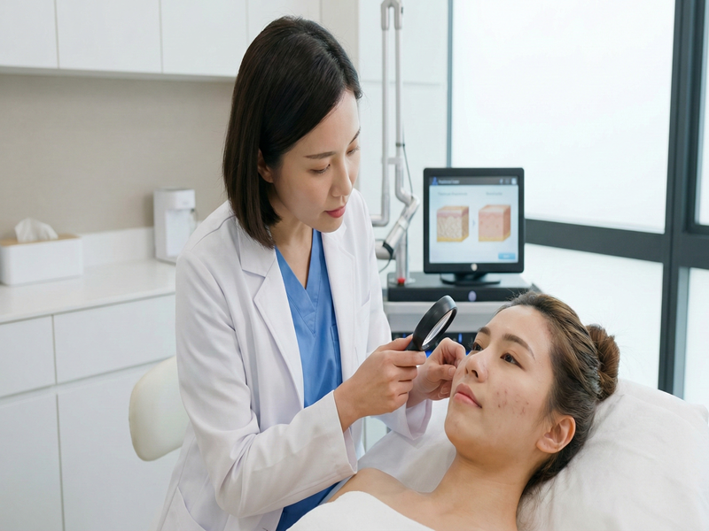 Cosmetic surgeon delivering structured acne mark treatment for smoother skin texture