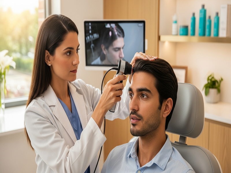 Expert examining scalp and hair density during hair treatment in Hadapsar