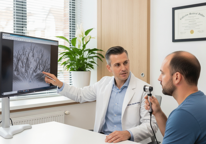 Expert explaining hair loss myths and examining scalp in Hadapsar