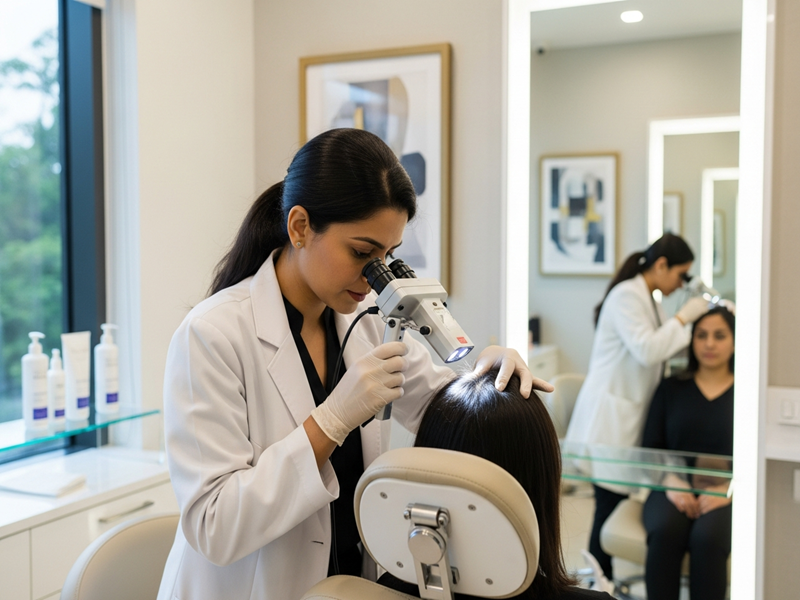 Expert examining hair thinning and scalp condition in Hadapsar