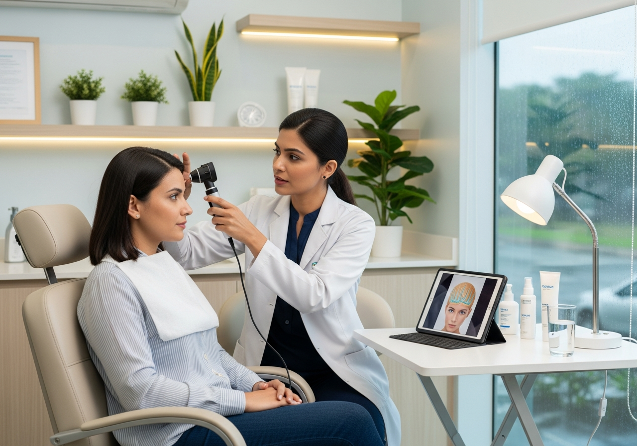 Expert explaining monsoon hair problems and scalp care in Hadapsar