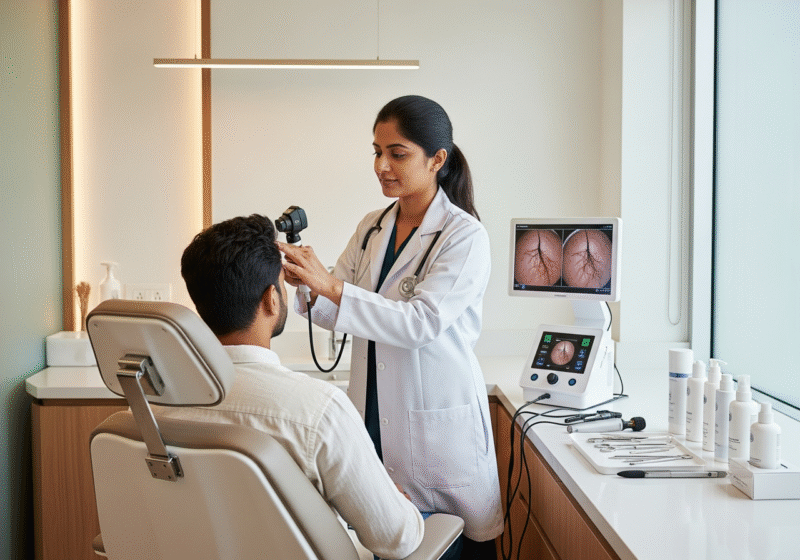 Expert examining scalp health during preventive hair care in Hadapsar