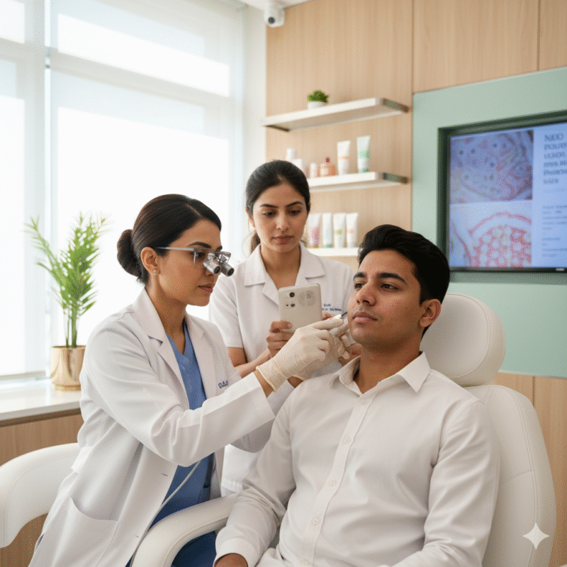 Expert examining acne marks during skin consultation in Hadapsar