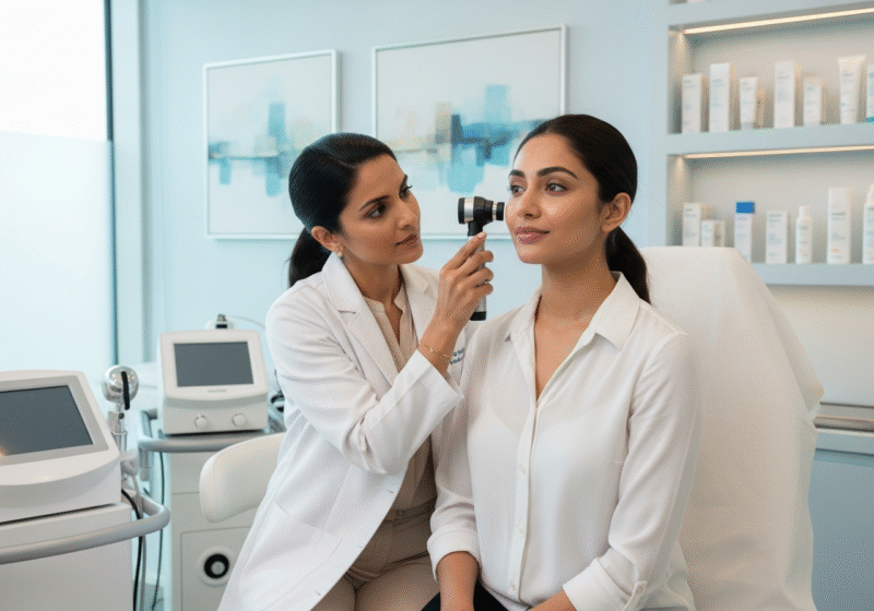 Expert examining facial skin for early aging signs in Hadapsar