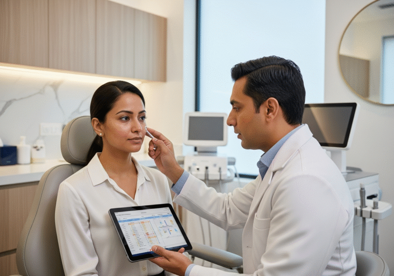 Expert examining facial pigmentation during skin consultation in Hadapsar