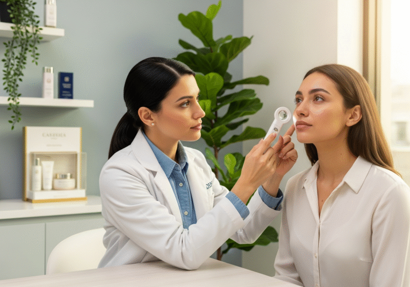 Expert examining facial skin during consultation in Hadapsar