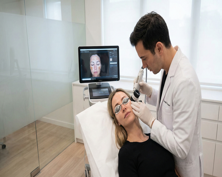 Cosmetic surgeon delivering structured pigmentation treatment for even skin tone