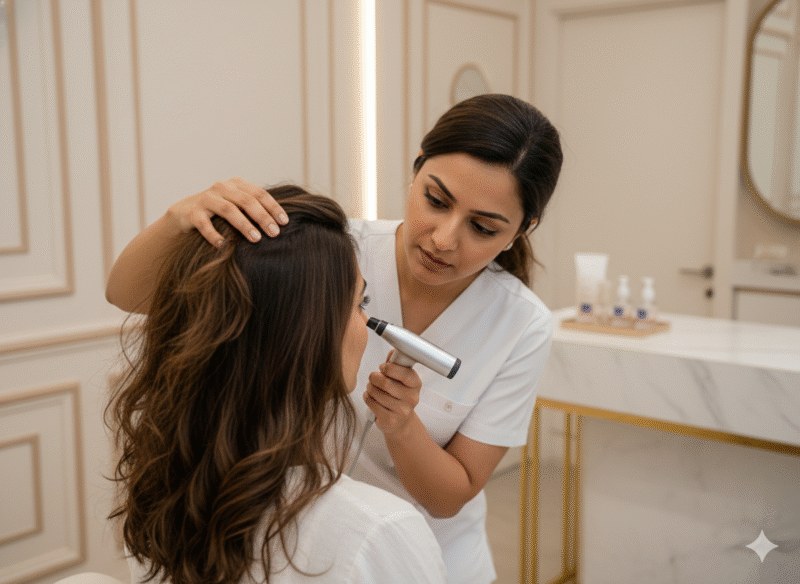 Female scalp examination at Best hair treatment in Hadapsar